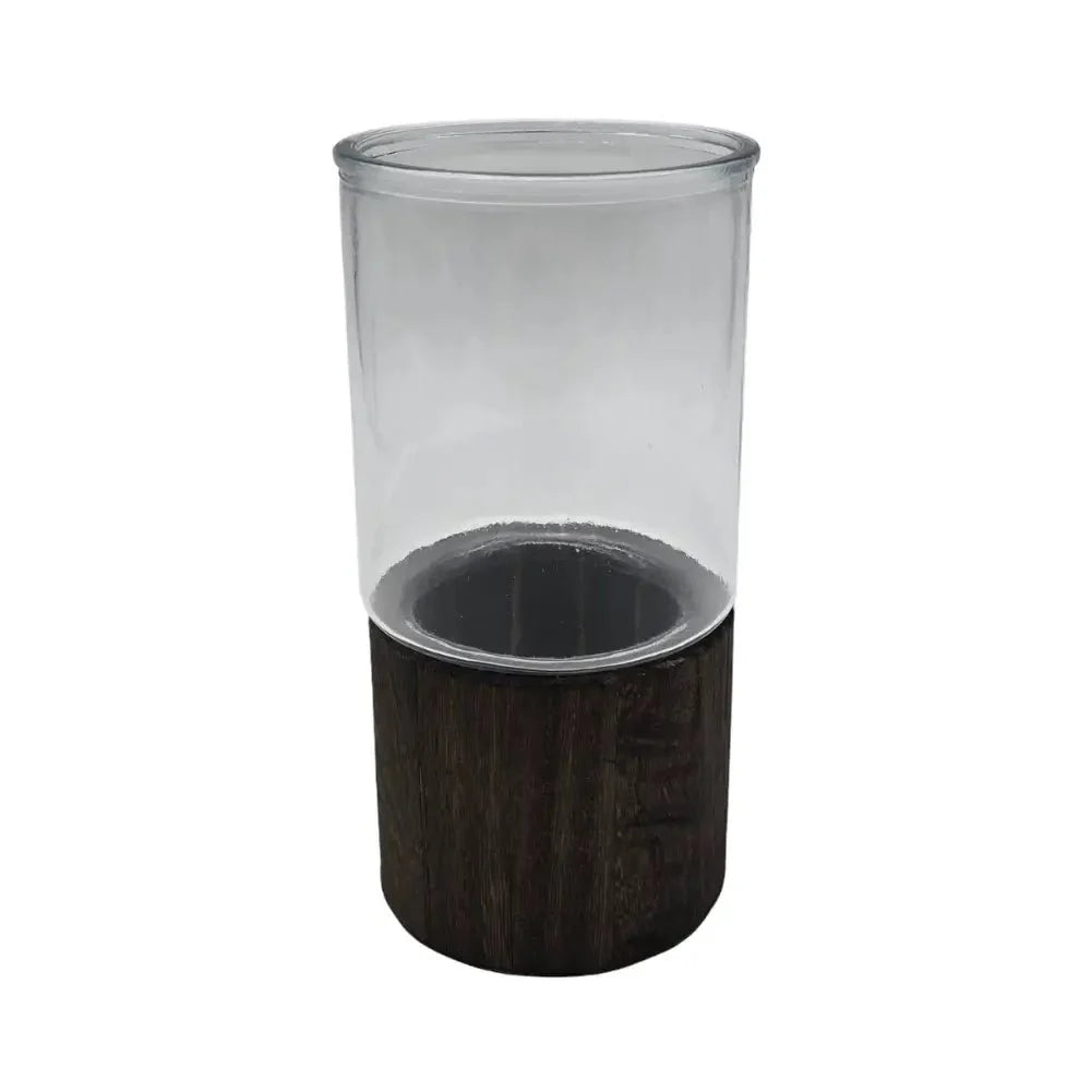 Florero Decorativo De Vidrio Cristal Liso Base de Madera - Fliperex